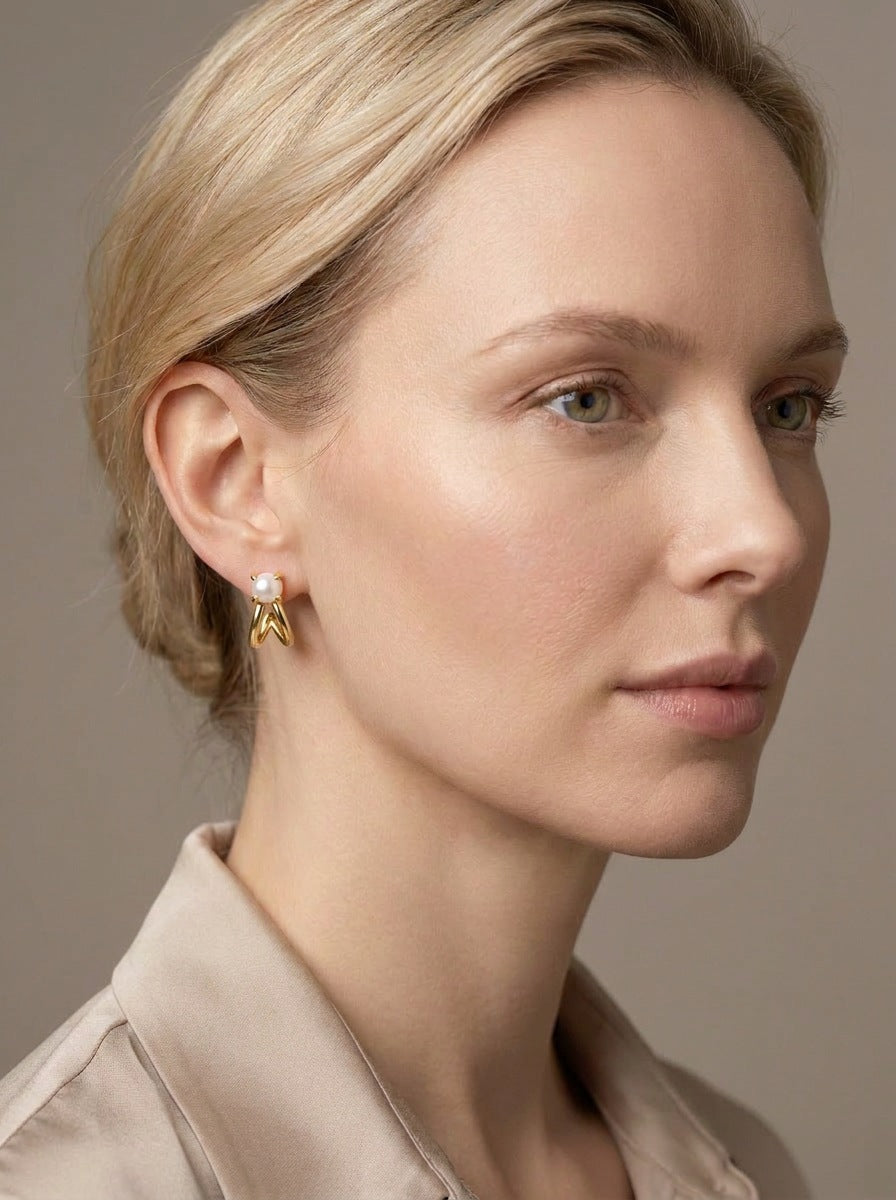 Cowslip Pearl Studs, worn