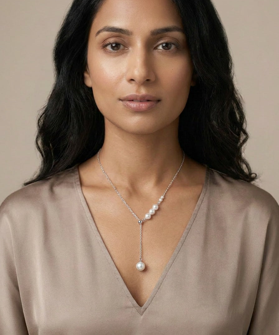 Harebell Pearl Lariat Necklace, worn