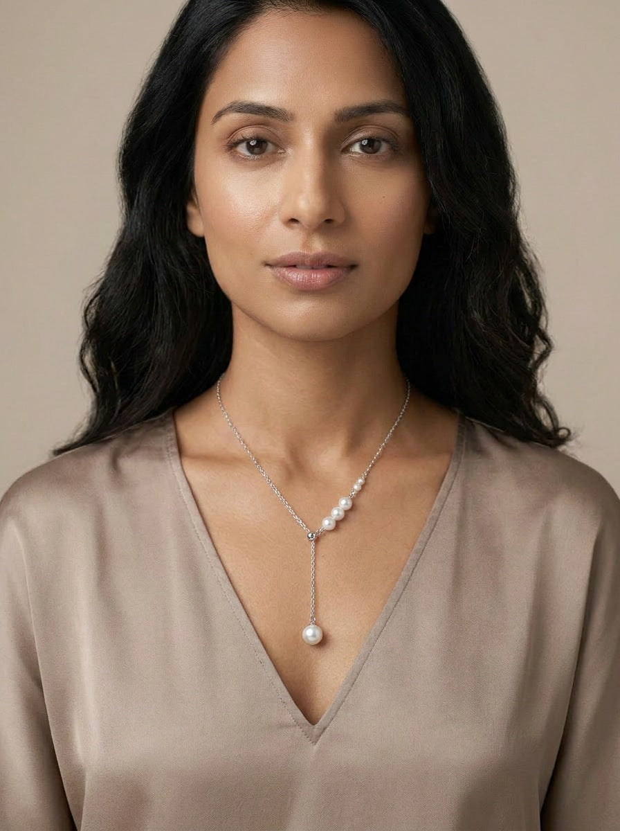 Harebell Pearl Lariat Necklace, worn