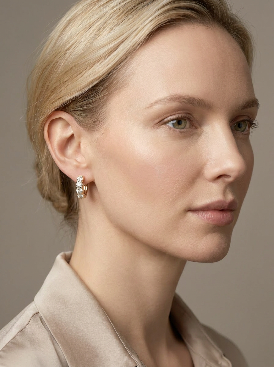 Iris Huggie Hoops worn by model