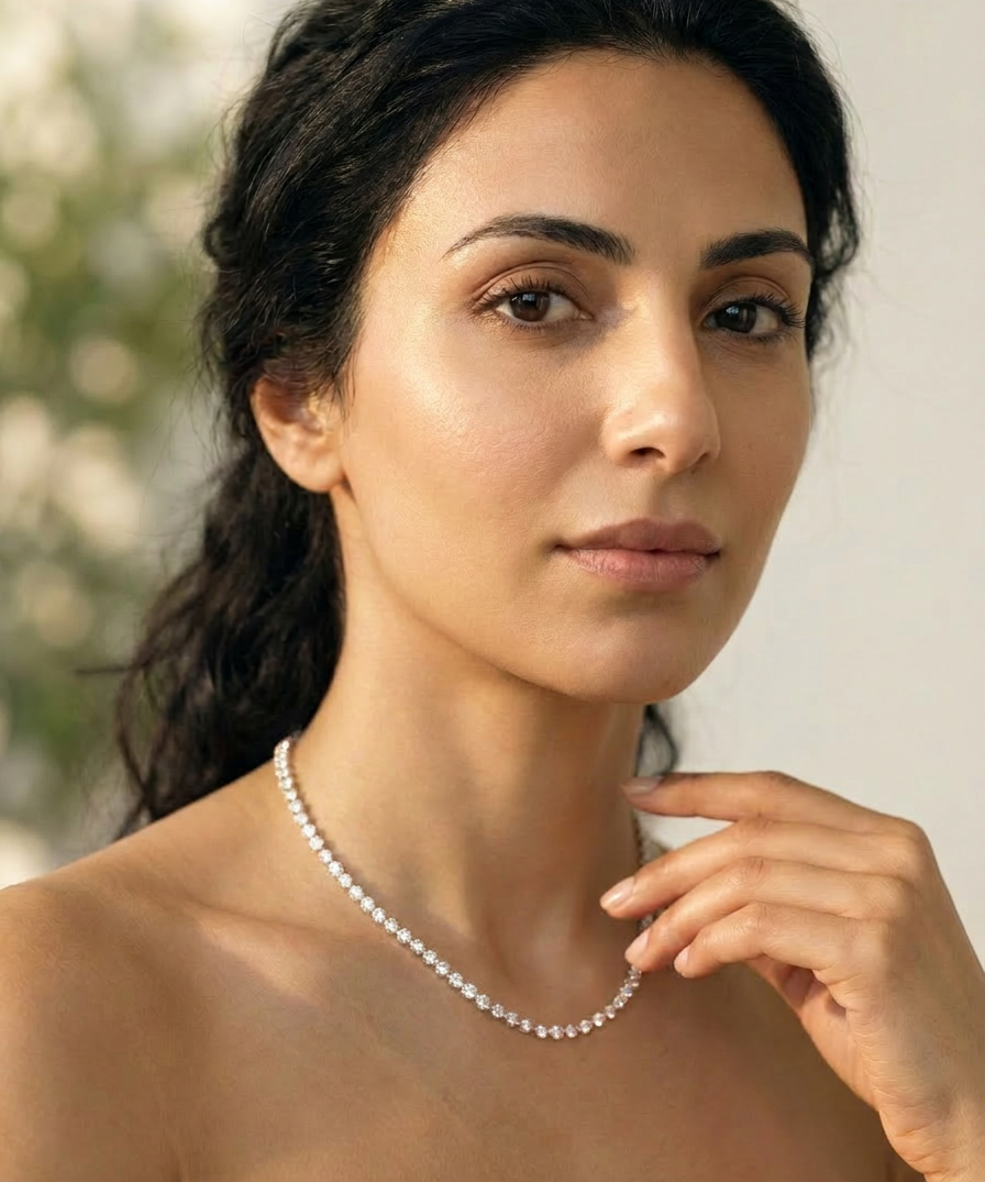Cedar Riviera Necklace worn — single strand in yellow gold