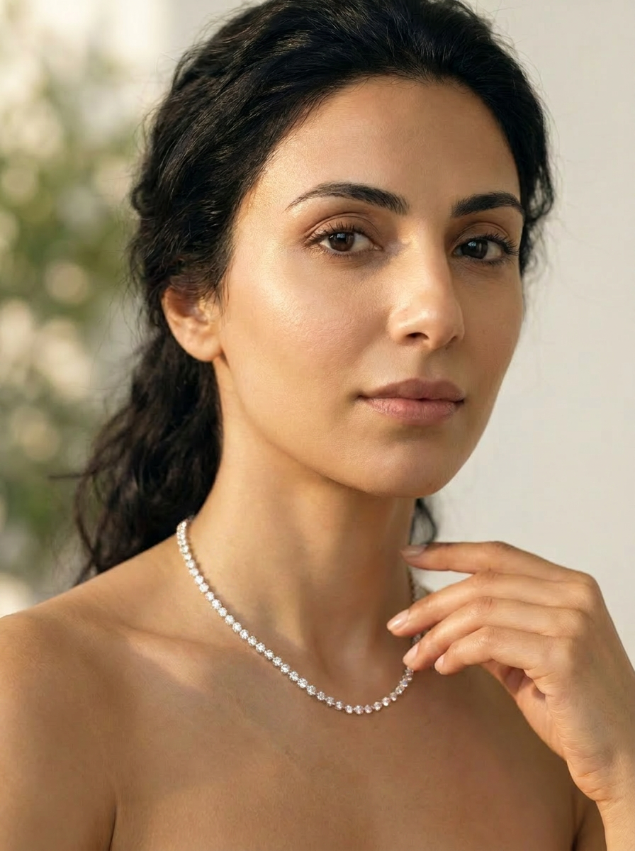 Cedar Riviera Necklace worn — single strand in yellow gold