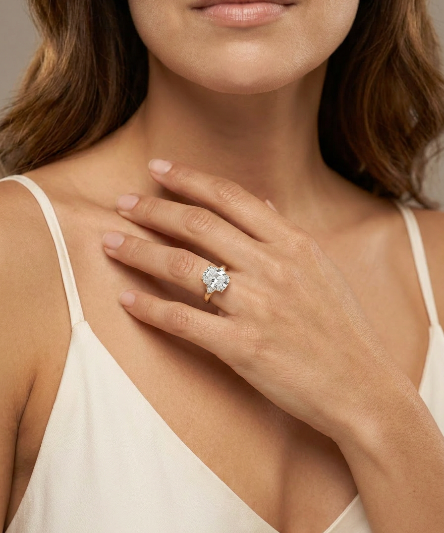 Cyclamen Solitaire Ring worn — cushion-cut diamond, V-prongs, plain gold band