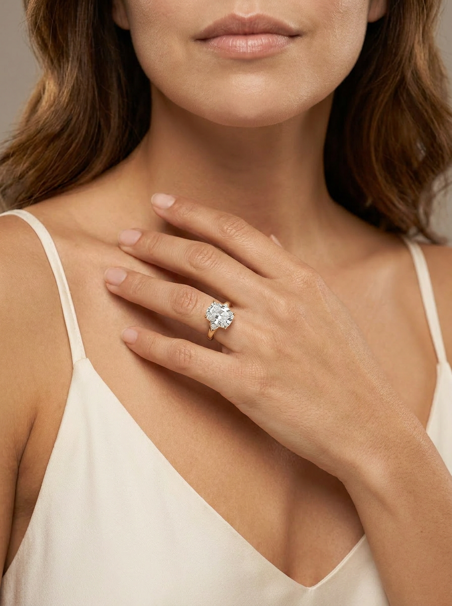 Cyclamen Solitaire Ring worn — cushion-cut diamond, V-prongs, plain gold band