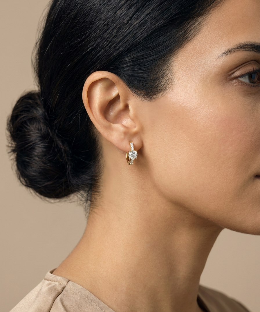 Delphinium Huggie Hoops worn by model