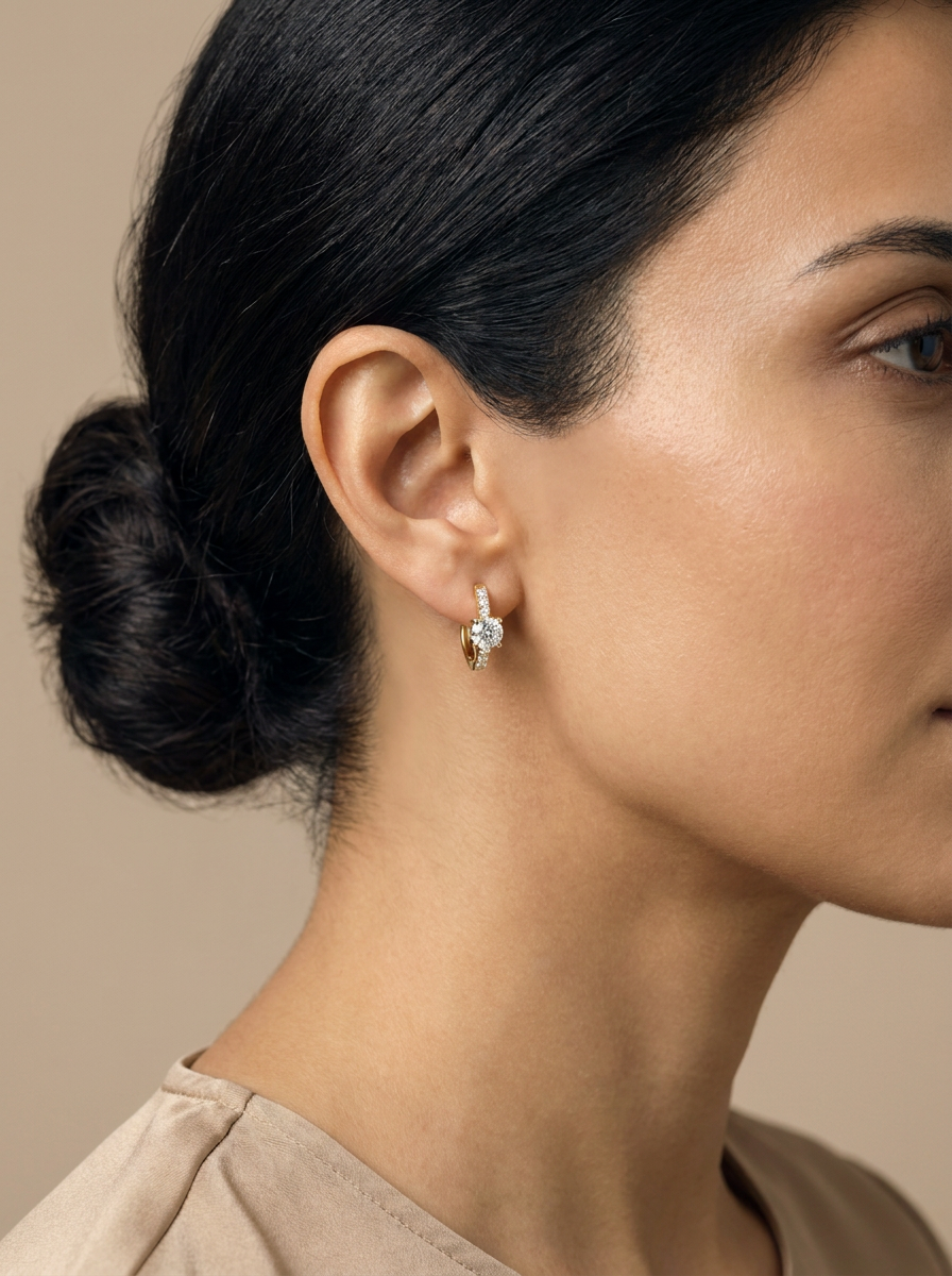 Delphinium Huggie Hoops worn by model