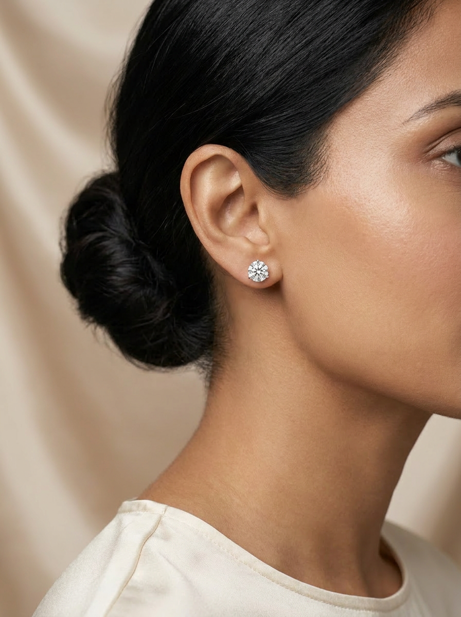Fleur Diamond Studs worn — round brilliant solitaire stud, three-prong setting
