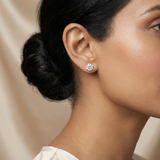Fleur Diamond Studs worn — round brilliant solitaire stud, three-prong setting