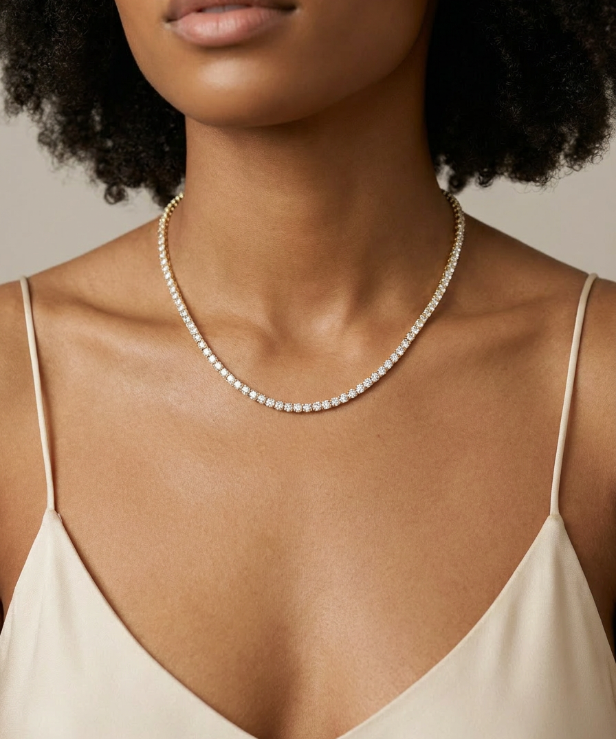 Honeysuckle Tennis Necklace worn — uniform prong-set round brilliants in yellow gold