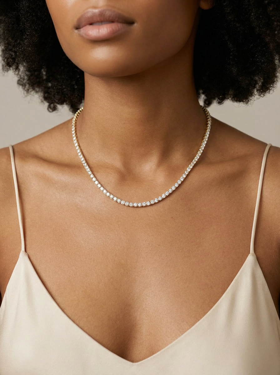 Honeysuckle Tennis Necklace worn — uniform prong-set round brilliants in yellow gold