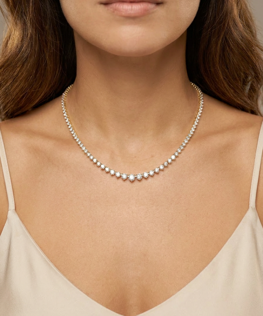 Hyacinth Tennis Necklace worn — single graduated strand in yellow gold