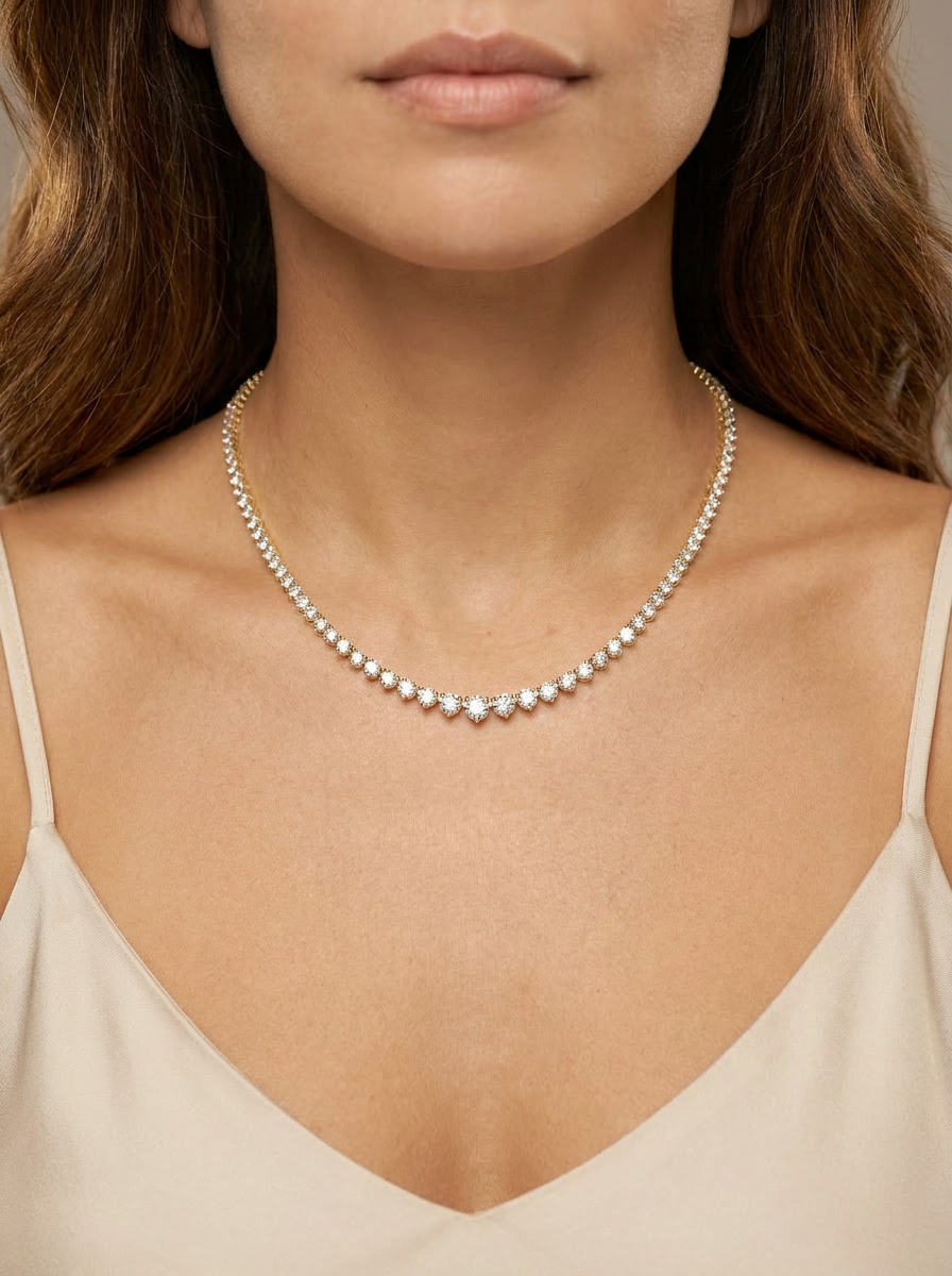 Hyacinth Tennis Necklace worn — single graduated strand in yellow gold