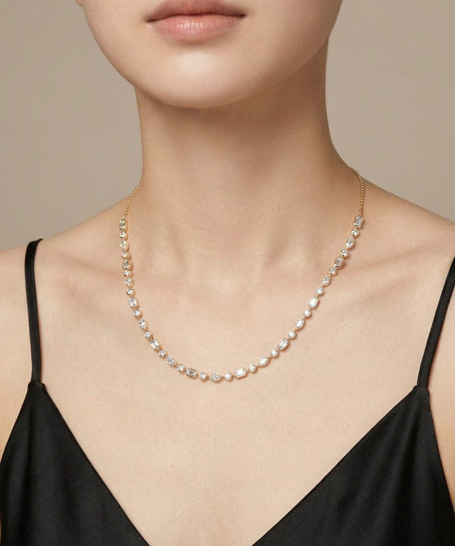 Saffron necklace worn — mixed-cut bezel-set diamonds in yellow gold