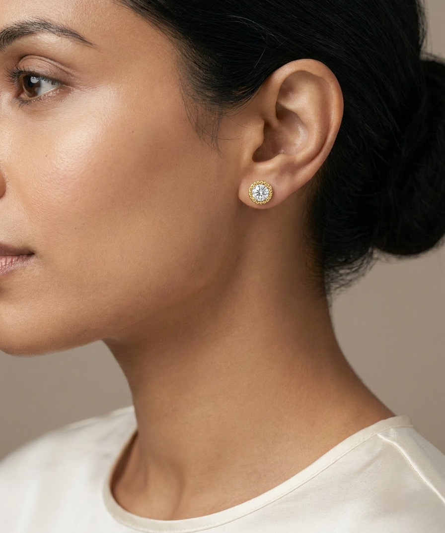 Tuberose Halo Studs worn by model